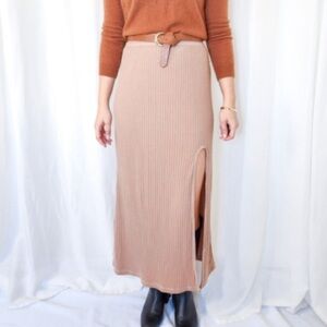 Lulu's Camel Ribbed Maxi Skirt with Side Slit